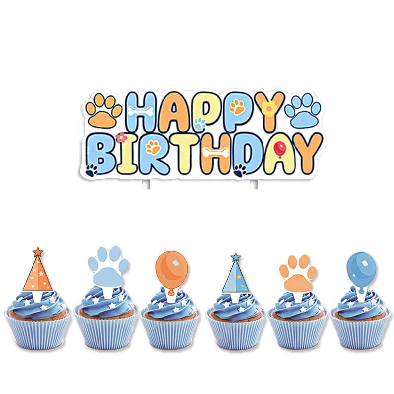 BIEUFBJI Blue Dog Birthday Cake Topper Cupcake Boys Girls Puppy Paw Baby Shower Birthday Party Cake Decorations Supplies - Image 1